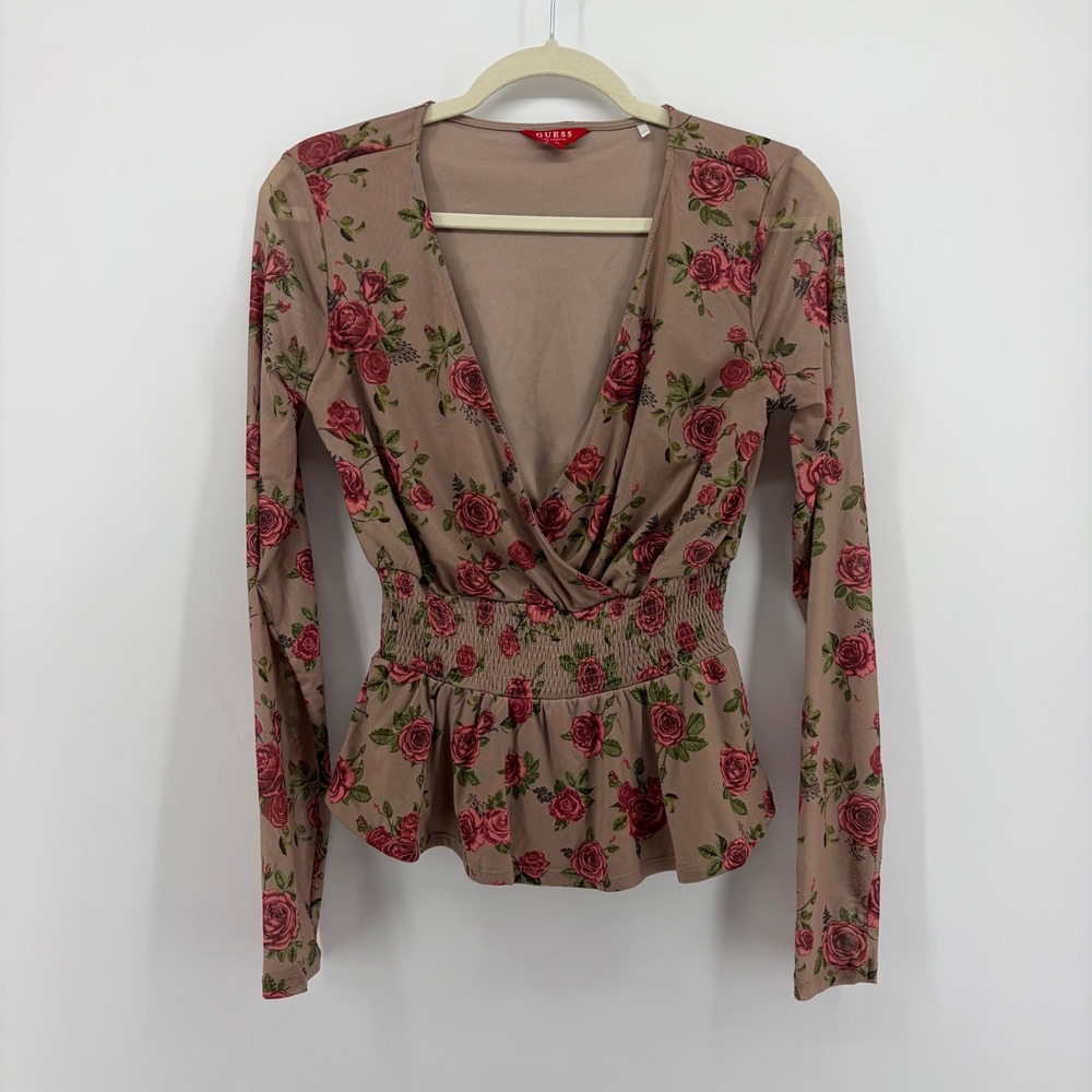 Guess Womens Medium Taupe Red Floral Peplum Top Smocked Mesh V-Neck Wrap